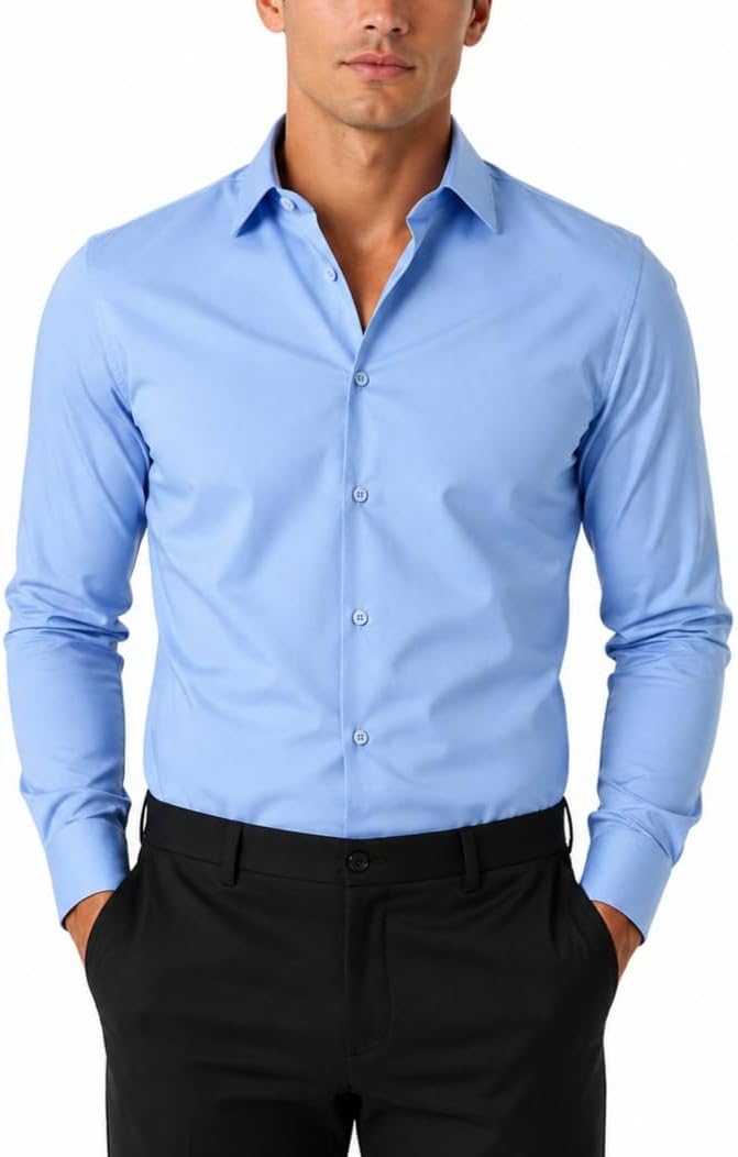 Men's Dress Shirt Casual Regular Fit Stretch Solid Long Sleeve Button Up Shirts