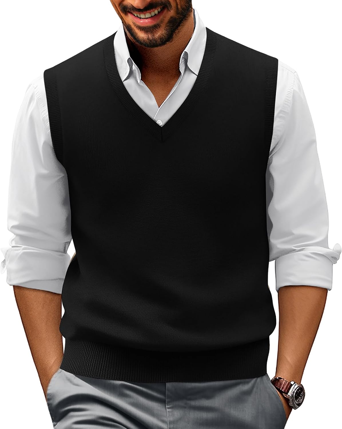 Mens V-Neck Knitted Sweater Vest Solid Plain Sleeveless Pullover Knitwear