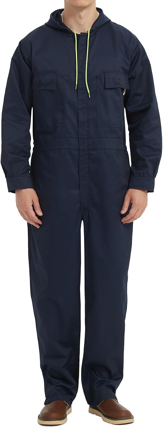 Mens Cotton Blend Long Sleeve Coverall Multi Pockets Zip Overall Mechanic Work Jumpsuit with Hood