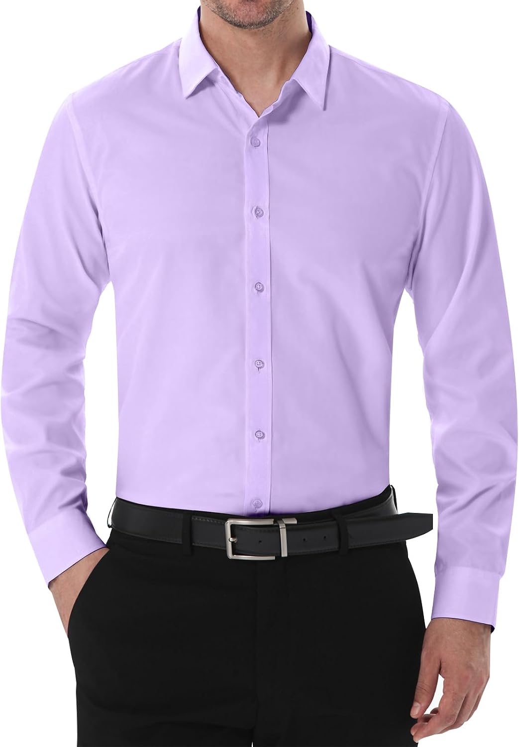 Men's Slim Fit Stretch Dress Shirt Solid Color Microelastic Long Sleeve Casual Soft Business Button Up Shirts