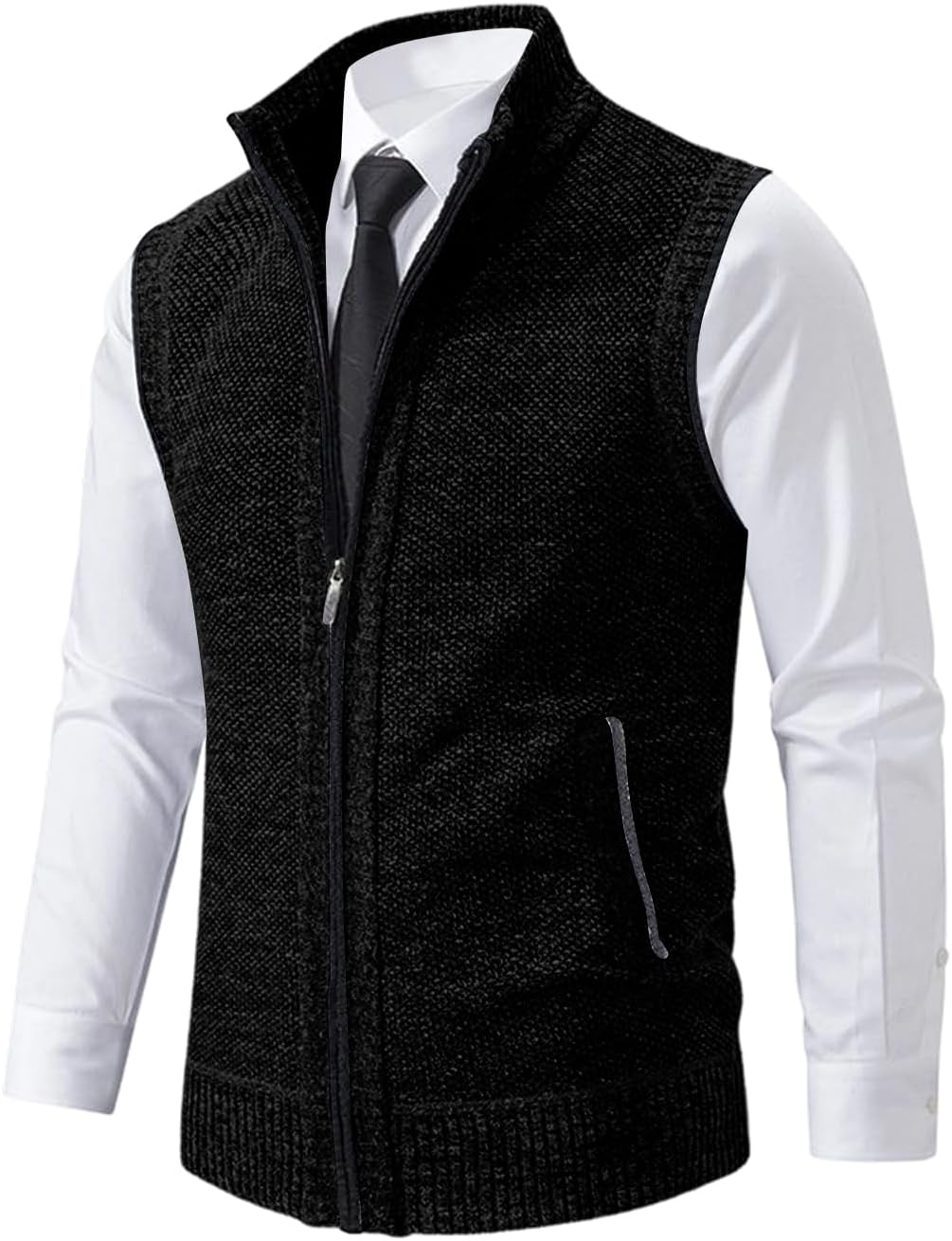 Men's Winter Faux Two Piece Knitted Sweater Vest Stand Collar Zip Sleeveless Waistcoat Thermal Layering Gilet