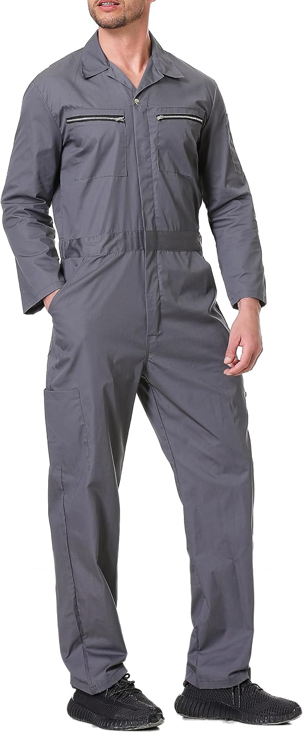 Men's Long Sleeve Coverall Action Back Coverall with Zipper Pockets, Mechanic Uniform