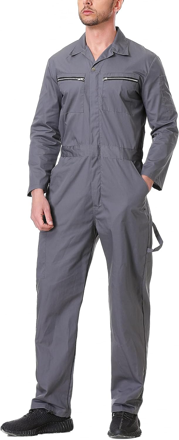 Men's Long Sleeve Coverall Action Back Coverall with Zipper Pockets, Mechanic Uniform