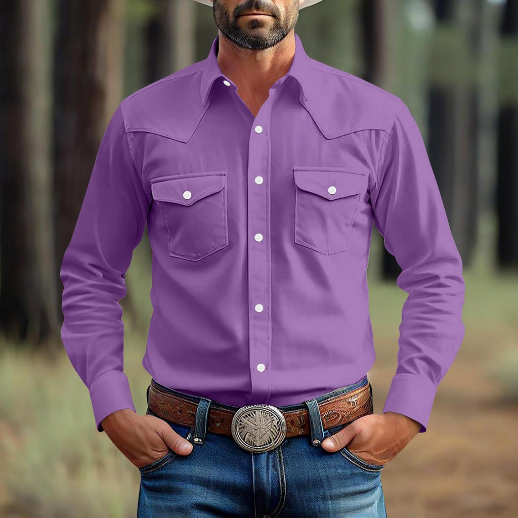 Western Cowboy Shirts Men Long Sleeve Pearl Snap Button Down T Shirts Vintage Solid Business Jacket Classic Dressy Tops
