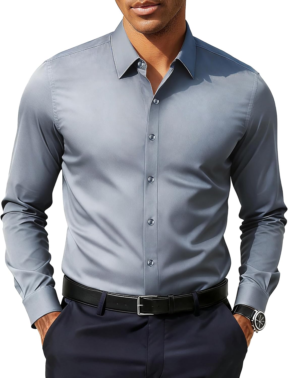 Men's Slim Fit Dress Shirts Business Casual Long Sleeve Stretch Wrinkle Free Shirt