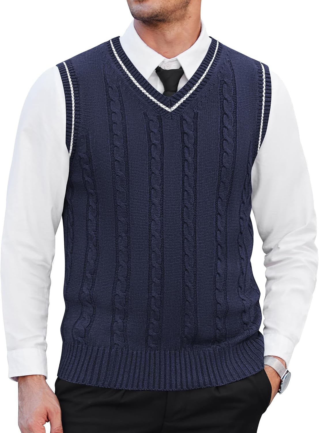 Men's Sweater Vest V Neck Slim Fit Casual Sleeveless Twisted Knitted Pullover Sweater