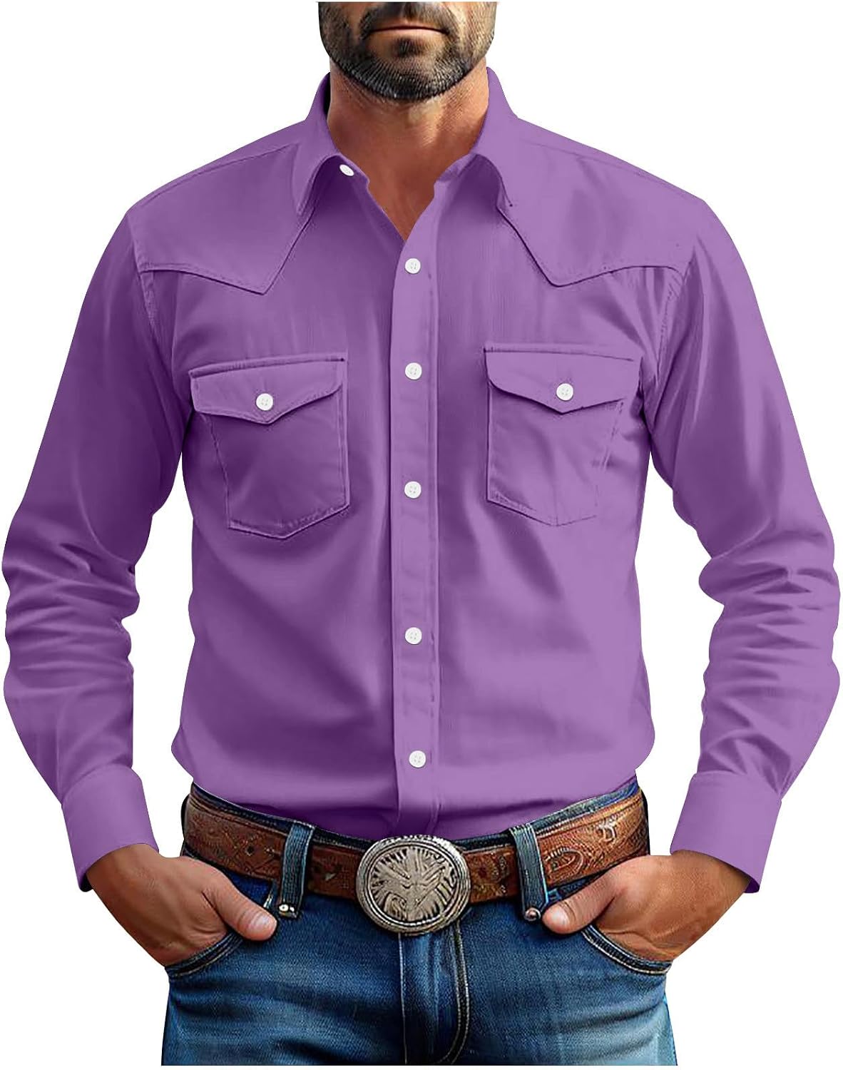 Western Cowboy Shirts Men Long Sleeve Pearl Snap Button Down T Shirts Vintage Solid Business Jacket Classic Dressy Tops