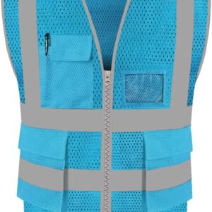 High Visibility Mesh Safety Reflective Vest with Pockets and Zipper, Meets ANSI/ISEA Standards