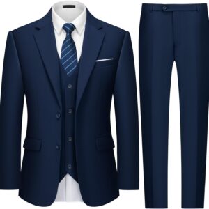 Mens Two Button 3-Piece Suits Slim Fit Tuxedo Set with Blazer Jacket Vest & Pants for Wedding Prom Business
