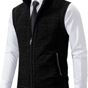 Men's Winter Faux Two Piece Knitted Sweater Vest Stand Collar Zip Sleeveless Waistcoat Thermal Layering Gilet