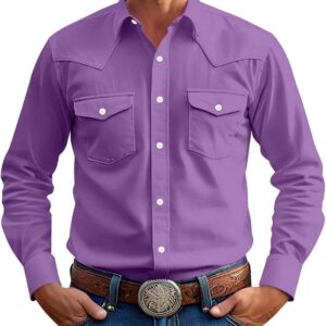 Western Cowboy Shirts Men Long Sleeve Pearl Snap Button Down T Shirts Vintage Solid Business Jacket Classic Dressy Tops