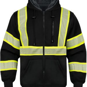High Visibility Hoodie for Men,Safety Jacket Class 3 Hi Vis Reflective Zipper Sweatshirt for Work Construction